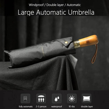 PARACHASE Large Automatic Folding Umbrella with Windproof Design - black double-layer, one-button automatic, wooden handle, windproof and waterproof