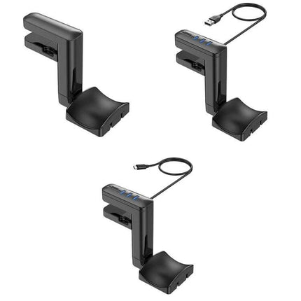Clip-On Headphone Hanger With Integrated USB Hub For Desk shown clamping to desk with USB ports and Type-C cable
