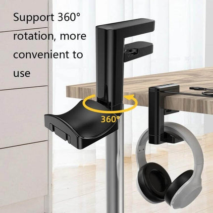 Clip-On Headphone Hanger With Integrated USB Hub For Desk shown clamped to desk holding headphones and rotating 360°