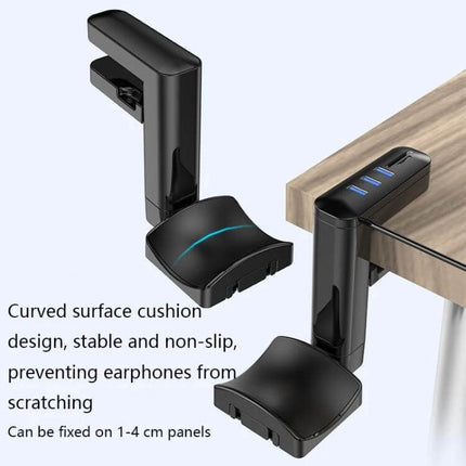 Clip-On Headphone Hanger With Integrated USB Hub For Desk clamp-on ABS plastic hook with Type-C and 3 USB ports
