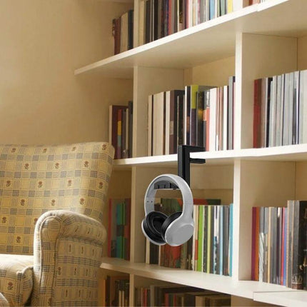 Clip-On Headphone Hanger With Integrated USB Hub For Desk mounted on bookshelf holding headphones with Type-C port
