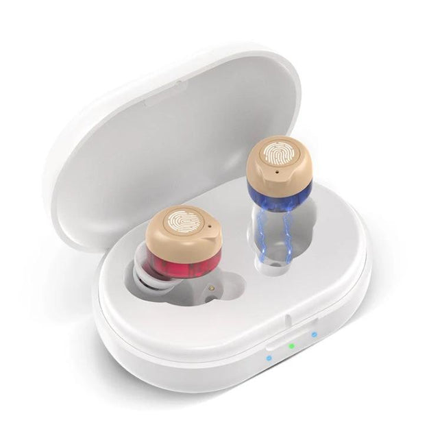 Portable Rechargeable Hearing Aid for Daily Sound Assistance - compact ABS earbuds in Type-C charging case, left red and right blue unit