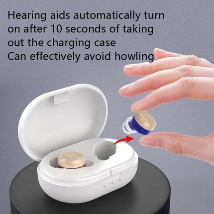 Portable Rechargeable Hearing Aid for Daily Sound Assistance compact ABS earbuds with Type-C charging case shown being removed to auto‑power on