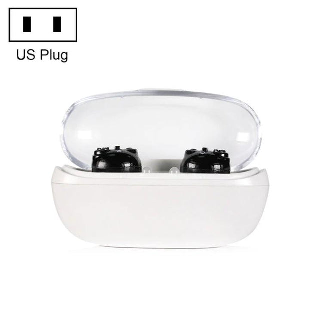 Compact Hearing Aid for Seniors with Rechargeable Battery Design in white charging case, discreet ABS build, US plug compatible