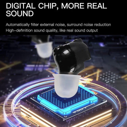 Compact Hearing Aid for Seniors with Rechargeable Battery Design black discreet ear device on digital chip background