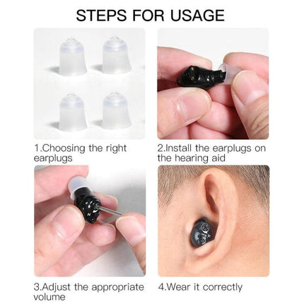 Compact Hearing Aid for Seniors with Rechargeable Battery Design showing earplug selection, insertion, volume adjustment and correct wearing