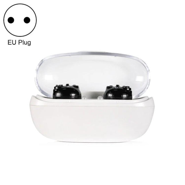 Compact Hearing Aid for Seniors with Rechargeable Battery Design – compact black in-ear devices in white charging case, EU plug compatible