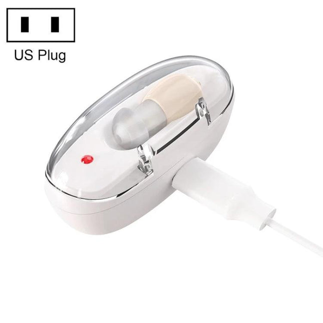 Portable Rechargeable Hearing Aid for Daily Sound Assistance in compact white charging case with US plug