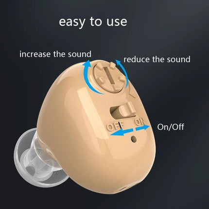 Portable Rechargeable Hearing Aid for Daily Sound Assistance beige in-ear device with volume dial and On/Off switch