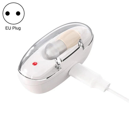 Portable Rechargeable Hearing Aid for Daily Sound Assistance in white charging case with EU plug