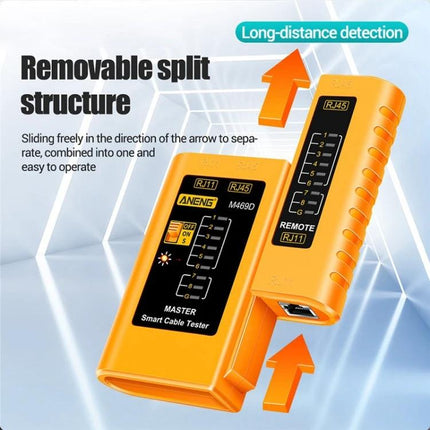 ANENG Multifunctional Network Cable Tester with Remote Unit showing removable split structure, master and remote units for RJ45/RJ11 testing