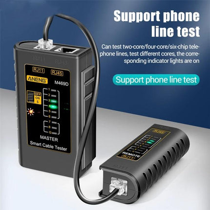 ANENG Multifunctional Network Cable Tester with Remote Unit connected RJ11 RJ45 showing LED indicators and phone line test support