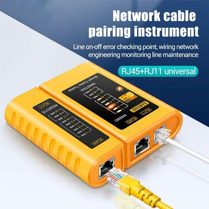 ANENG Multifunctional Network Cable Tester with Remote Unit compact yellow RJ45 RJ11 tester showing remote unit and cable pairing