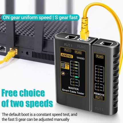 ANENG Multifunctional Network Cable Tester with Remote Unit shown testing RJ45 cable with router connection and split master/remote units
