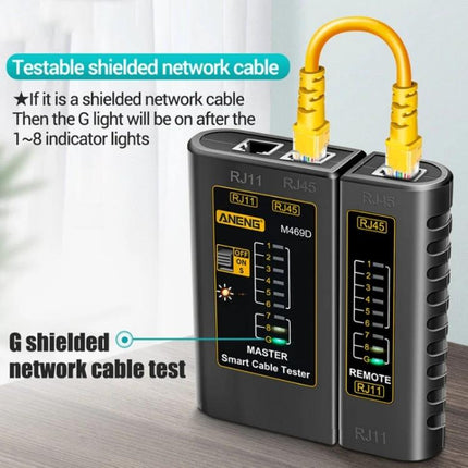 ANENG Multifunctional Network Cable Tester with Remote Unit showing master and remote units testing a shielded RJ45 cable