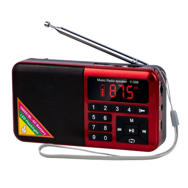 Portable Bluetooth Digital FM Radio Player for Daily Listening - red portable radio with antenna, keypad, digital FM display and wrist strap