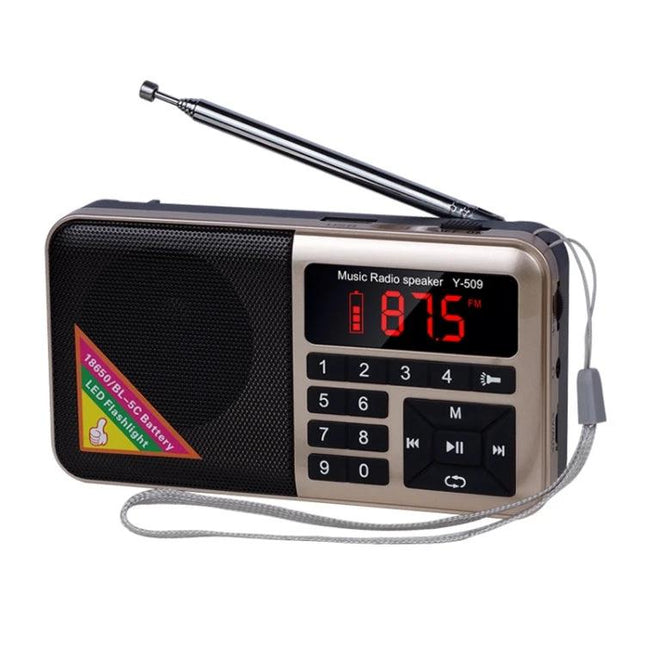 Portable Bluetooth Digital FM Radio Player for Daily Listening - compact FM/MP3 speaker with antenna, keypad, flashlight and long battery life