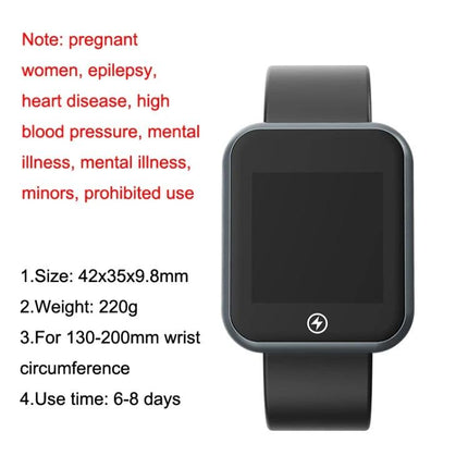 A Watch for Supporting Daily Morning Routines at Home black smart watch with vibration alarm, 42x35x9.8mm, 220g, 6-8 day battery, wrist 130-200mm