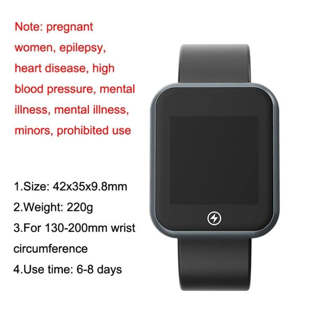 A Watch for Supporting Daily Morning Routines at Home black smart watch with vibration alarm, 42x35x9.8mm, 220g, 6-8 day battery, wrist 130-200mm