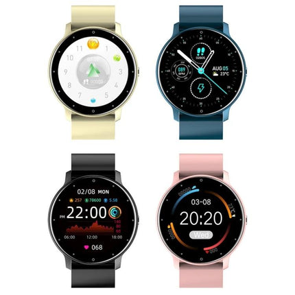 Wearable Health Tracker for Daily Fitness and Activity Monitoring showing four round smartwatches with different straps and fitness screens