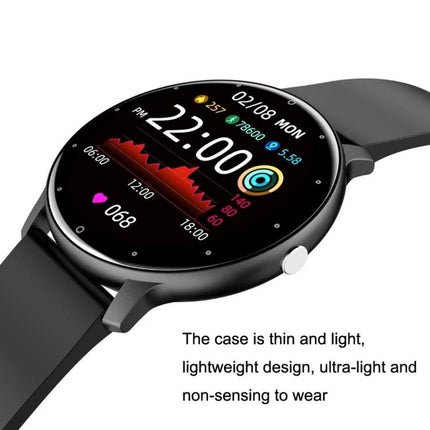 Wearable Health Tracker for Daily Fitness and Activity Monitoring showing round black smartwatch with silicone strap displaying heart rate, steps, sleep graph and time