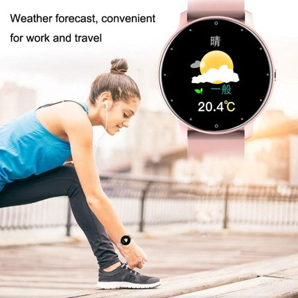 Wearable Health Tracker for Daily Fitness and Activity Monitoring showing weather, heart rate, steps and sleep tracking on a pink smartwatch during outdoor run
