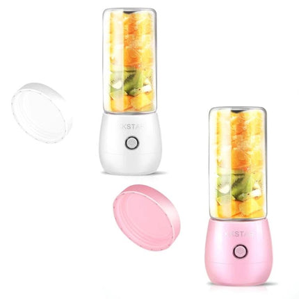 Household Fruit Juicer Cup 400ml Portable for Everyday Juices - white and pink portable blenders with mixed fruit inside, lids shown