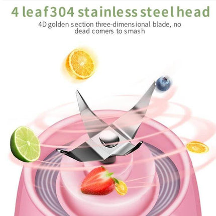 Household Fruit Juicer Cup 400ml Portable for Everyday Juices stainless steel 4D cutter head close-up with strawberries and citrus
