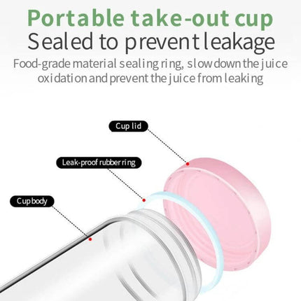 Household Fruit Juicer Cup 400ml Portable for Everyday Juices showing leak-proof rubber sealing ring and take-out cup lid