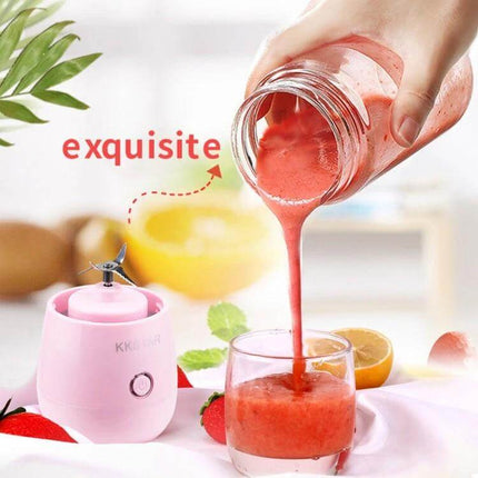 Household Fruit Juicer Cup 400ml Portable for Everyday Juices - pink portable blender pouring fresh strawberry juice into glass, 400ml high borosilicate cup