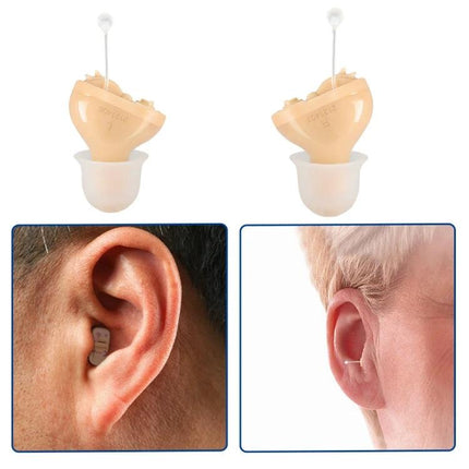 Comfortable Hearing Aid for Elderly Left Ear with Noise Reduction - beige discreet in-ear device shown in ear