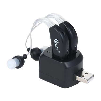 Rechargeable Hearing Aid for Seniors with Adjustable Amplification and Charging Base - dual behind-ear units on USB charging dock