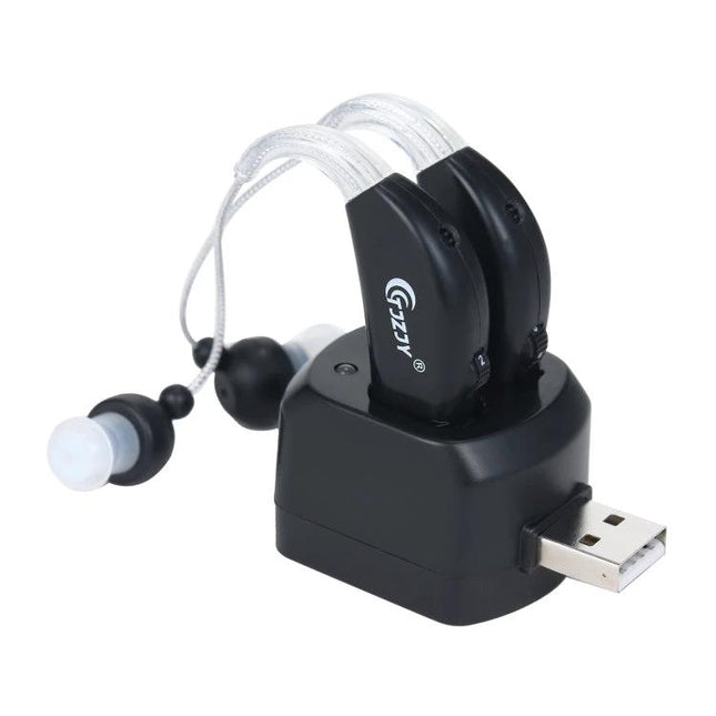 Rechargeable Hearing Aid for Seniors with Adjustable Amplification and Charging Base shown on USB charging dock, two behind‑the‑ear units with clear tubes and ear tips