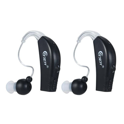 Rechargeable Hearing Aid for Seniors with Adjustable Amplification and Charging Base shown as compact black behind‑ear duo with earbuds and charging base compatibility