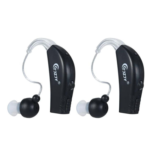 Rechargeable Hearing Aid for Seniors with Adjustable Amplification and Charging Base shown as compact black behind-ear pair with earbuds and charging-ready design