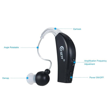 Rechargeable Hearing Aid for Seniors with Adjustable Amplification and Charging Base shown with earhook, earpiece, and control buttons