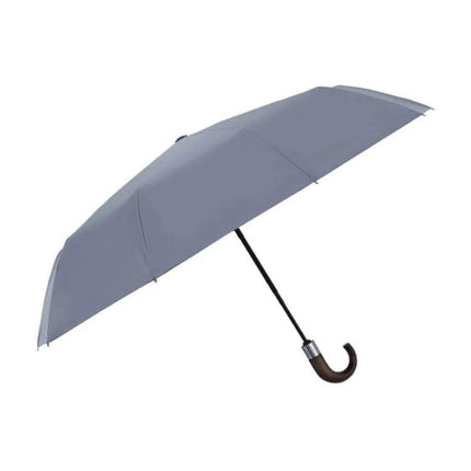 Parachase Automatic Three-Fold Umbrella with Wooden Handle — compact gray automatic umbrella with wooden curved handle for commuting and travel