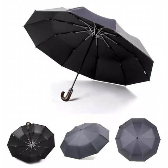 Parachase Automatic Three-Fold Umbrella with Wooden Handle - compact black automatic umbrella with wooden curved handle for commuting and travel
