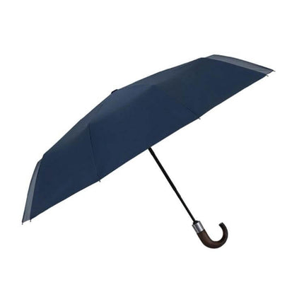 Parachase Automatic Three-Fold Umbrella with Wooden Handle compact navy umbrella with automatic open/close and curved wooden handle for commuting