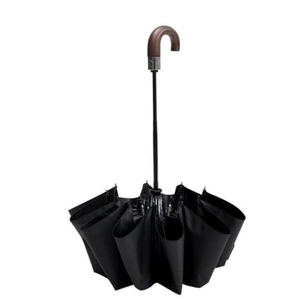 Parachase Automatic Three-Fold Umbrella with Wooden Handle - compact black umbrella with wooden curved handle, automatic open/close for commuting and travel