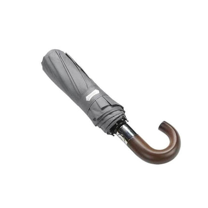 Parachase Automatic Three-Fold Umbrella with Wooden Handle compact folded grey umbrella with curved wooden handle and automatic open-close mechanism