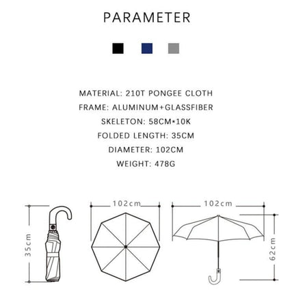 Parachase Automatic Three-Fold Umbrella with Wooden Handle compact dimensions 35cm folded, 102cm diameter, 62cm length, 478g weight