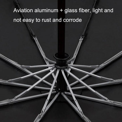 Parachase Automatic Three-Fold Umbrella with Wooden Handle showing aviation aluminum and glass fiber ribs and automatic open-close mechanism