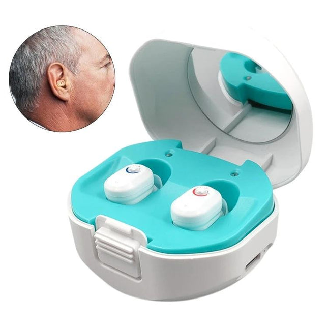 Invisible Wireless Hearing Aid with Charging Compartment in open charging case showing two compact earbuds and mirror