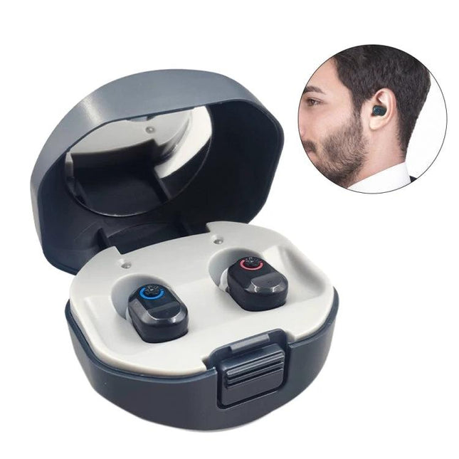 Invisible Wireless Hearing Aid with Charging Compartment shown open with two earbuds in ergonomic charging case and inset ear-worn example