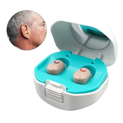 Invisible Wireless Hearing Aid with Charging Compartment compact ergonomic in-case view for discreet daily wear