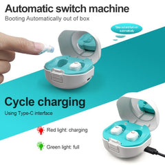 Rechargeable TWS On-Ear Hearing Amplifier with Noise Reduction and Charging Case