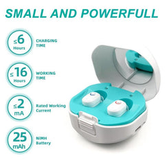 Rechargeable TWS On-Ear Hearing Amplifier with Noise Reduction and Charging Case