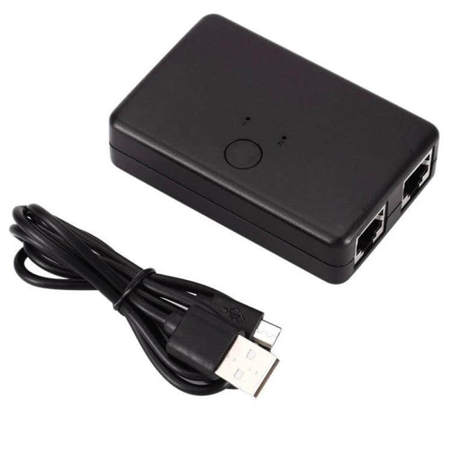 Network Switch for Sharing Internal and External Connections compact passive switch with two RJ45 ports and USB cable for office and education use
