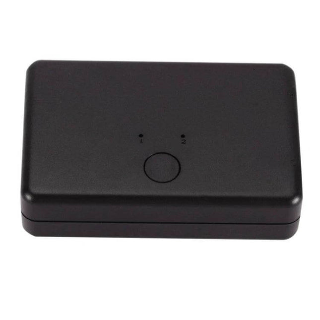 Network Switch for Sharing Internal and External Connections - compact black passive two-port switch with button and indicator LEDs
